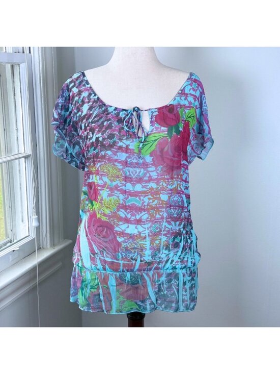 Rocker Girl Tops - Vintage Y2K Rocker Girl Sheer Floral Tunic Top Keyhole Retro Gyaru Boho Fairy